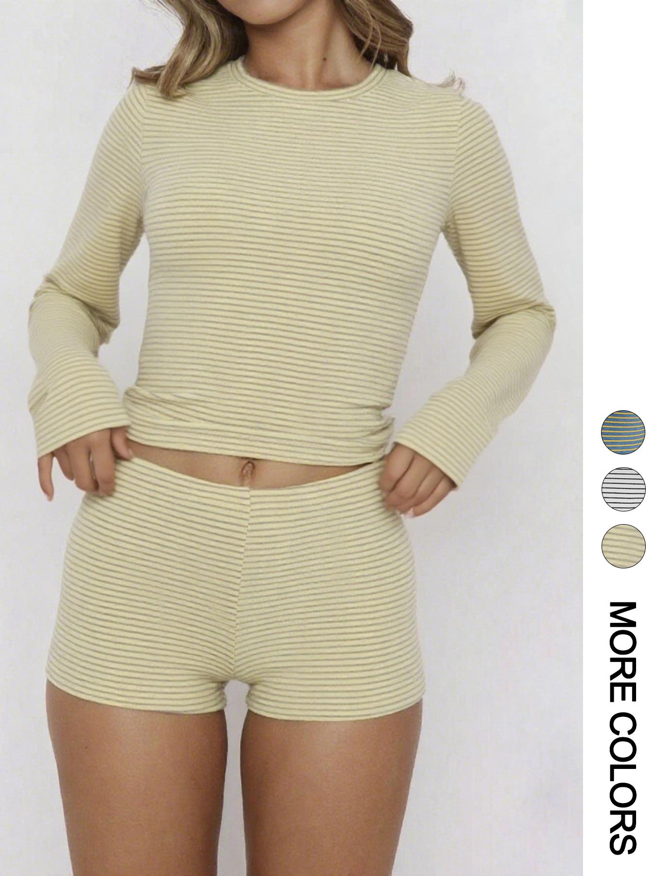 Women's Casual Striped Long Sleeve Top and Shorts Set, Fitted Regular Length, All Seasons, Plain Pattern, 2 Piece