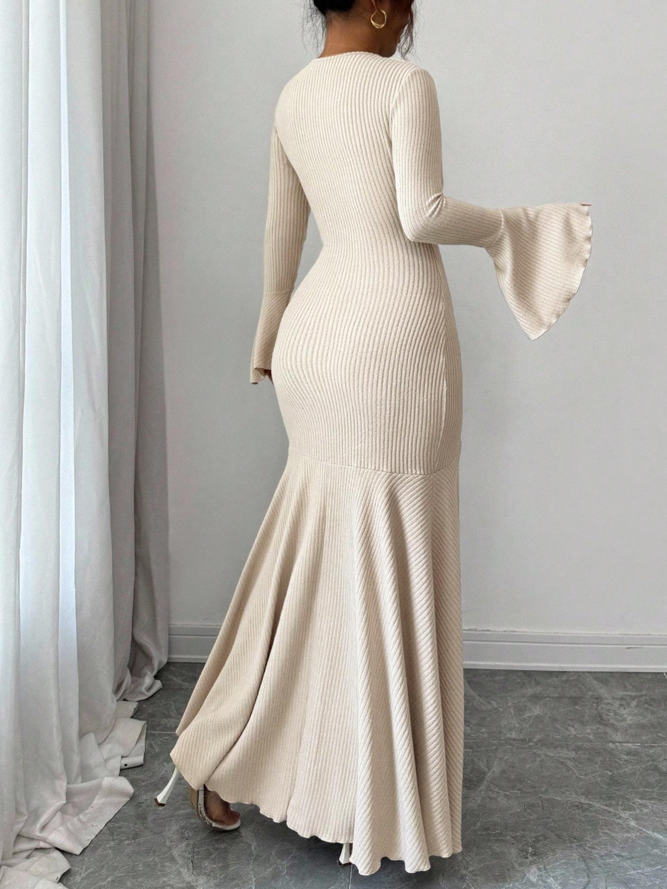 Women's Casual Solid Color Fitted Long Sleeve Dress, Comfortable Everyday Wear, Perfect for Shopping & Daily, Stylish Ladies' Clothing