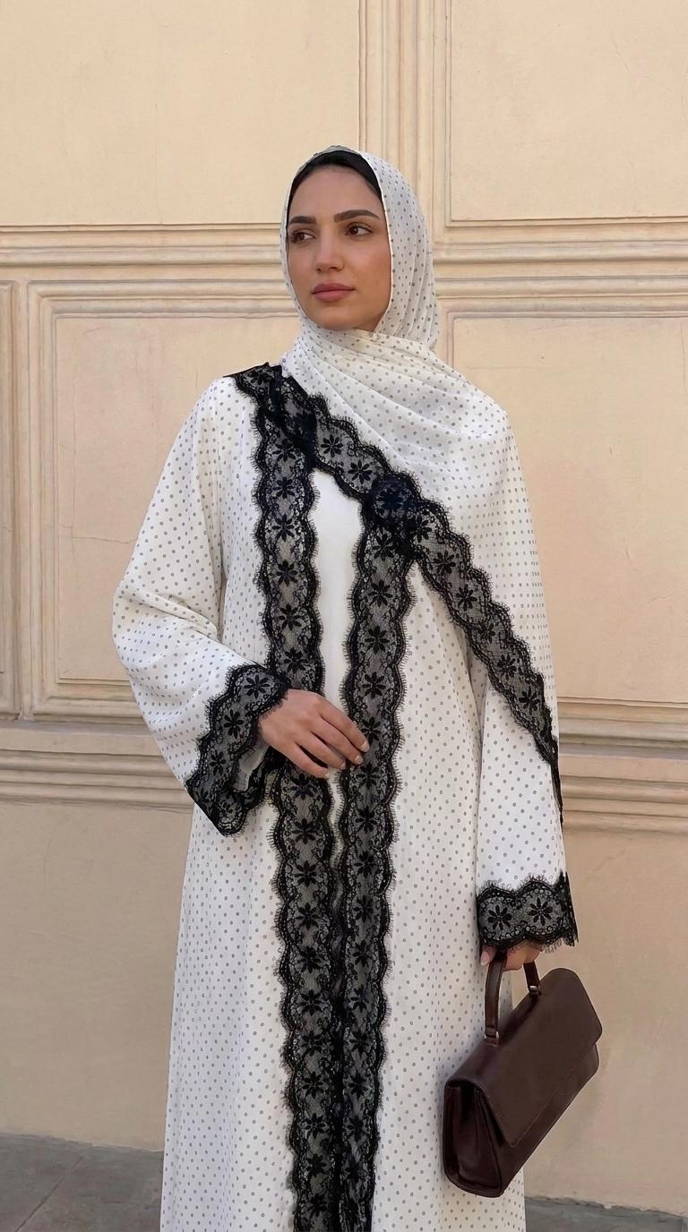 CL84 Elegant polka‑dot open abaya with matching hijab, delicate floral lace trim, soft premium‑quality fabric. White‑black and black‑white lace versions. Great for daily and formal occasions, ideal modest wear for hijabi women.