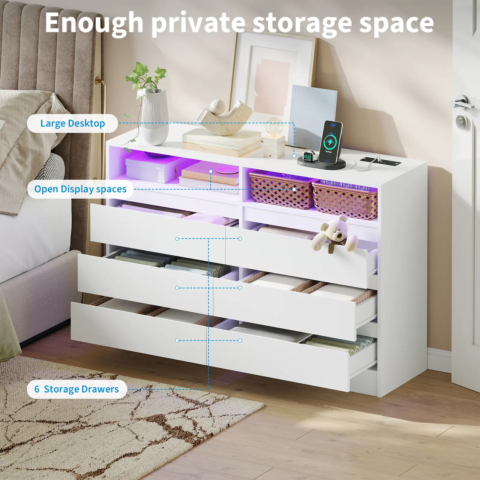 Modern Black 6-Drawer Dresser with LED Ambient Light & USB Charging Station, Wide Storage Chest of Drawers with Built-In Power Outlet, Contemporary Freestanding Storage Cabinet for Bedroom, Living Room & Entryway