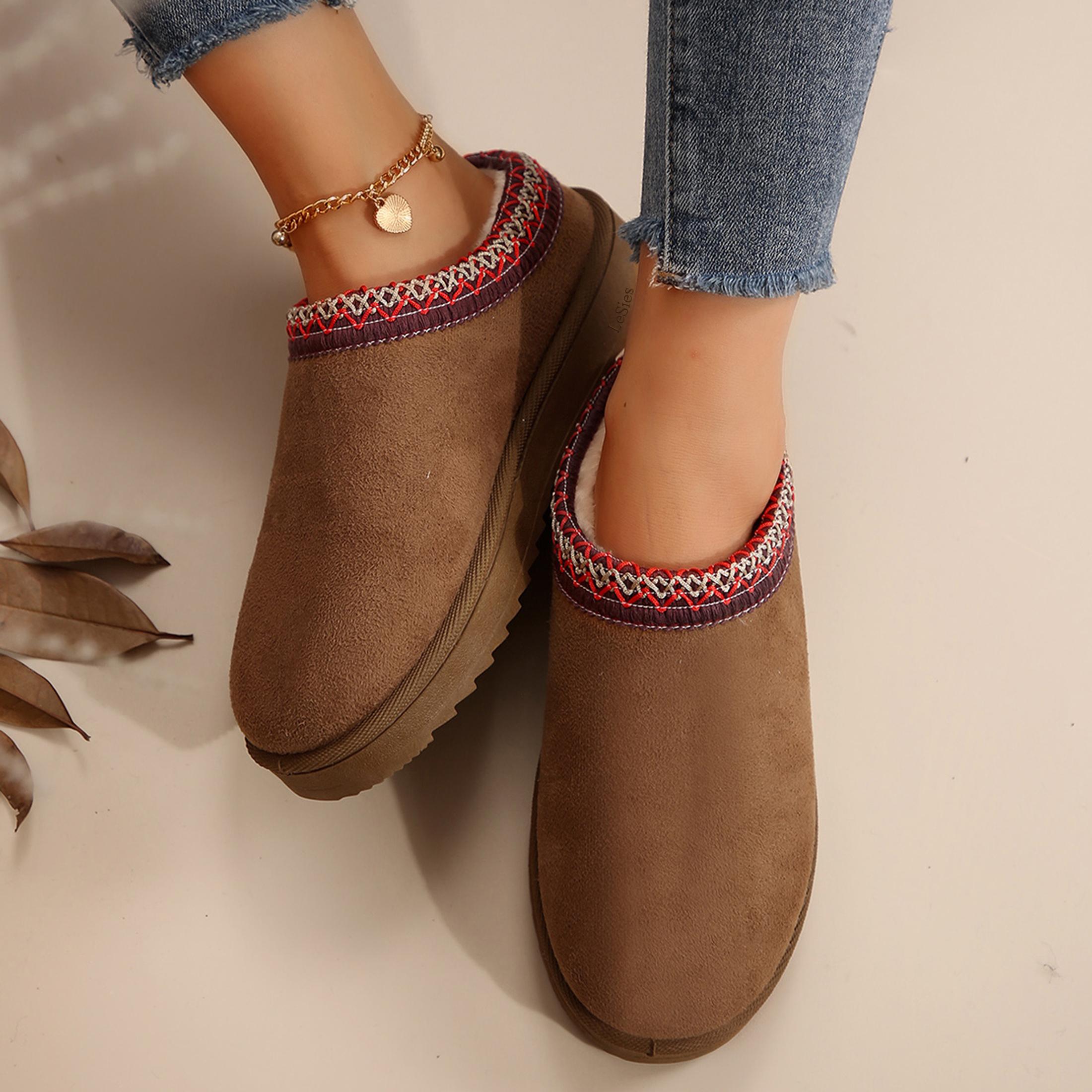 Women's Slippers Platform Mini Boots For Women Suede Leather Indoor/Outdoor Anti-Slip Slipper Comfy Fleece Lined Sneakers Short Ankle Boot Springfresh