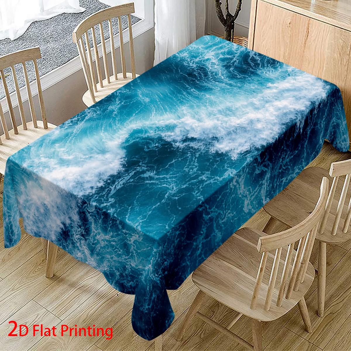 Blue Ocean Wave Rectangular Tablecloth, Thick Polyester, Machine-Made, Durable & Stylish, Party Decor, Coastal Aesthetic, Easycare Fabric