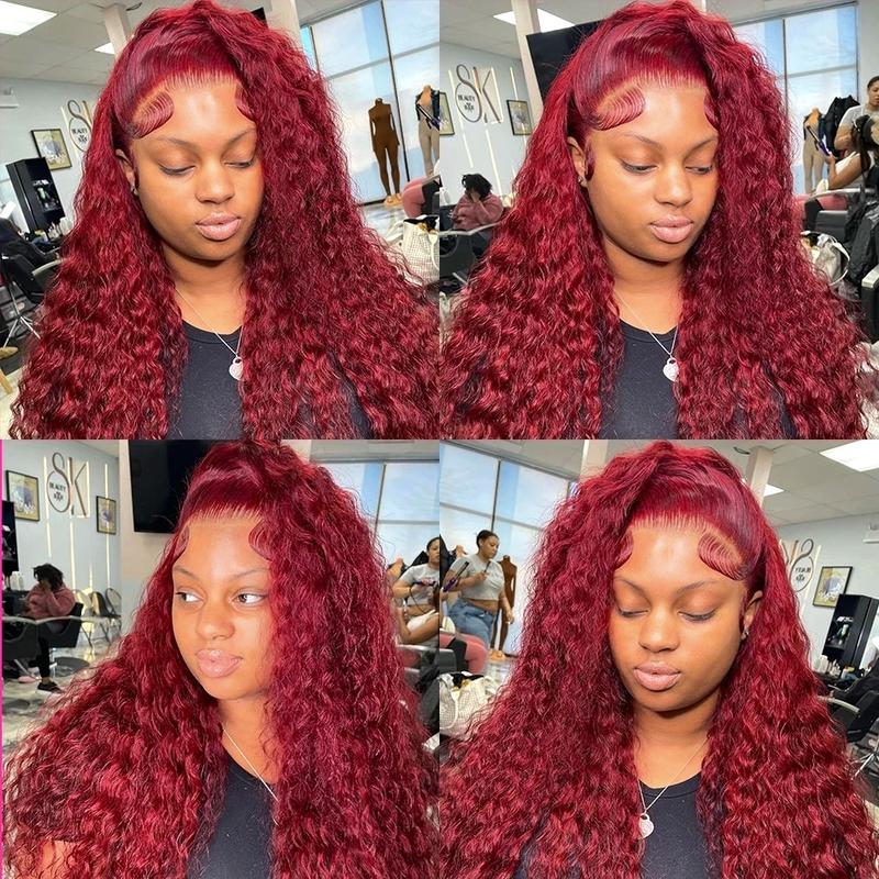Burgundy 99J Lace Front Wig Deep Wave 13x6 HD Lace Frontal Wig Human Hair For Women Pre Plucked Brazilian Red Colored Curly Wigs Human Hair 200% Density