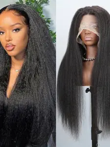 Ultra Soft Yaki 30 Inch 180% Density Lace Front Design Wig, Curly Jaky Straight Synthetic Hair, Long Headband Wig for All Seasons