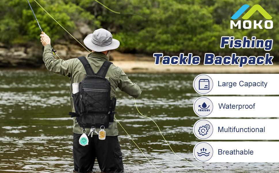 MoKo Fishing Backpack Sling Bag with Rod & Gear Holder, Nylon Waterproof Fishing Tackle Storage Bag for Fishing