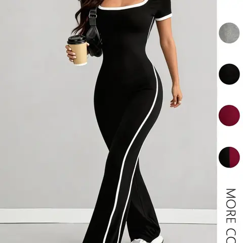 Low Neck U-Neck Striped Slim Fit Workout Fitness Jumpsuit, Short Sleeve Micro Flare Patchwork, Casual Spring & Fall Women's Clothing