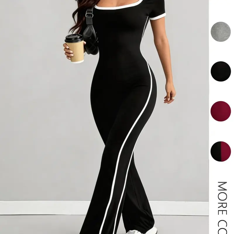 Low Neck U-Neck Striped Slim Fit Workout Fitness Jumpsuit, Short Sleeve Micro Flare Patchwork, Casual Spring & Fall Women's Clothing