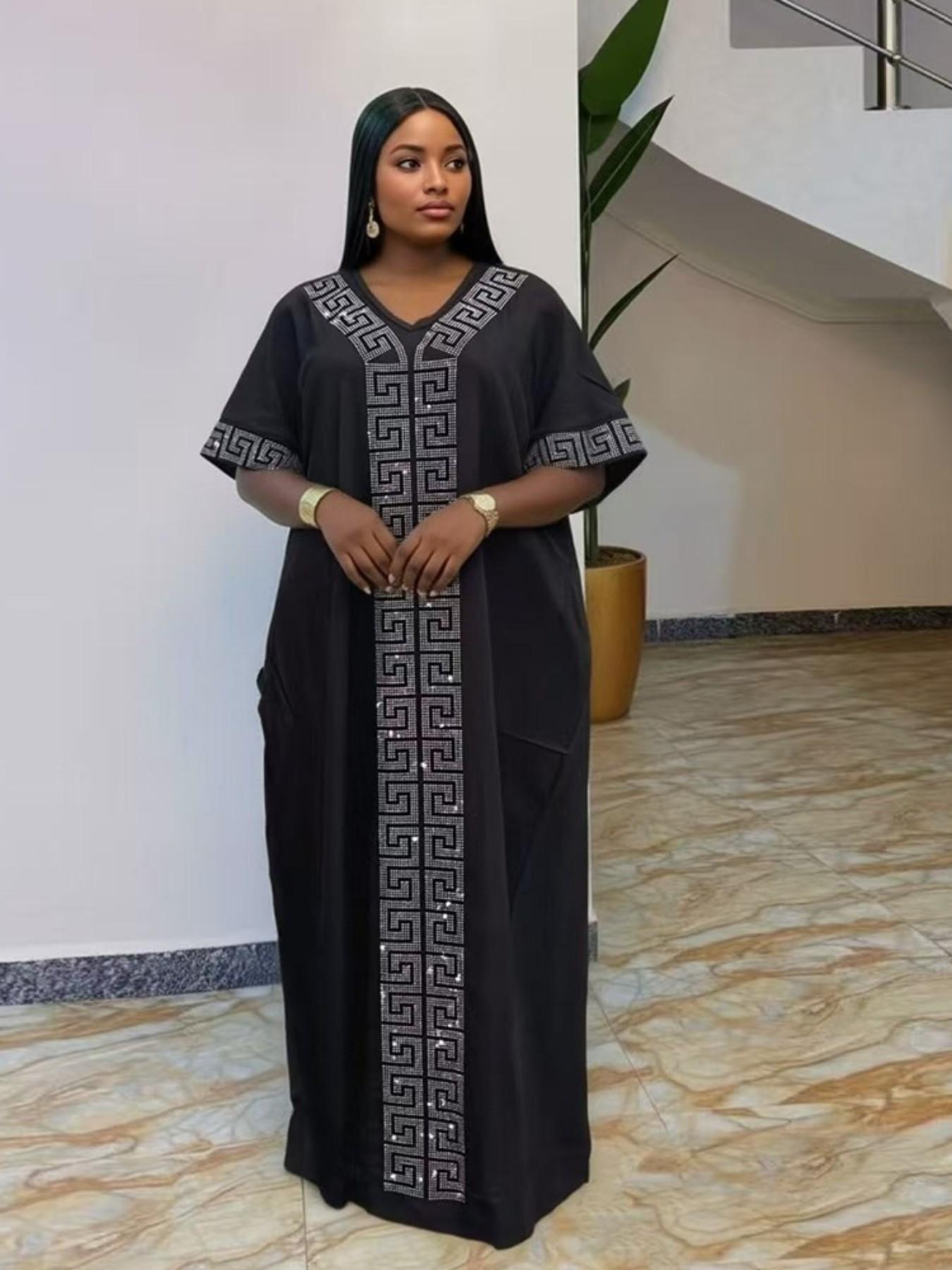 2026 African Nigerian Style Women's Islamic Clothing Rhinestone Loose Boubou Kaftan Dress, Elegant Solid Color, Muslim Ethnic Robe with Matching Scarf & Pockets, Daily Party Wear