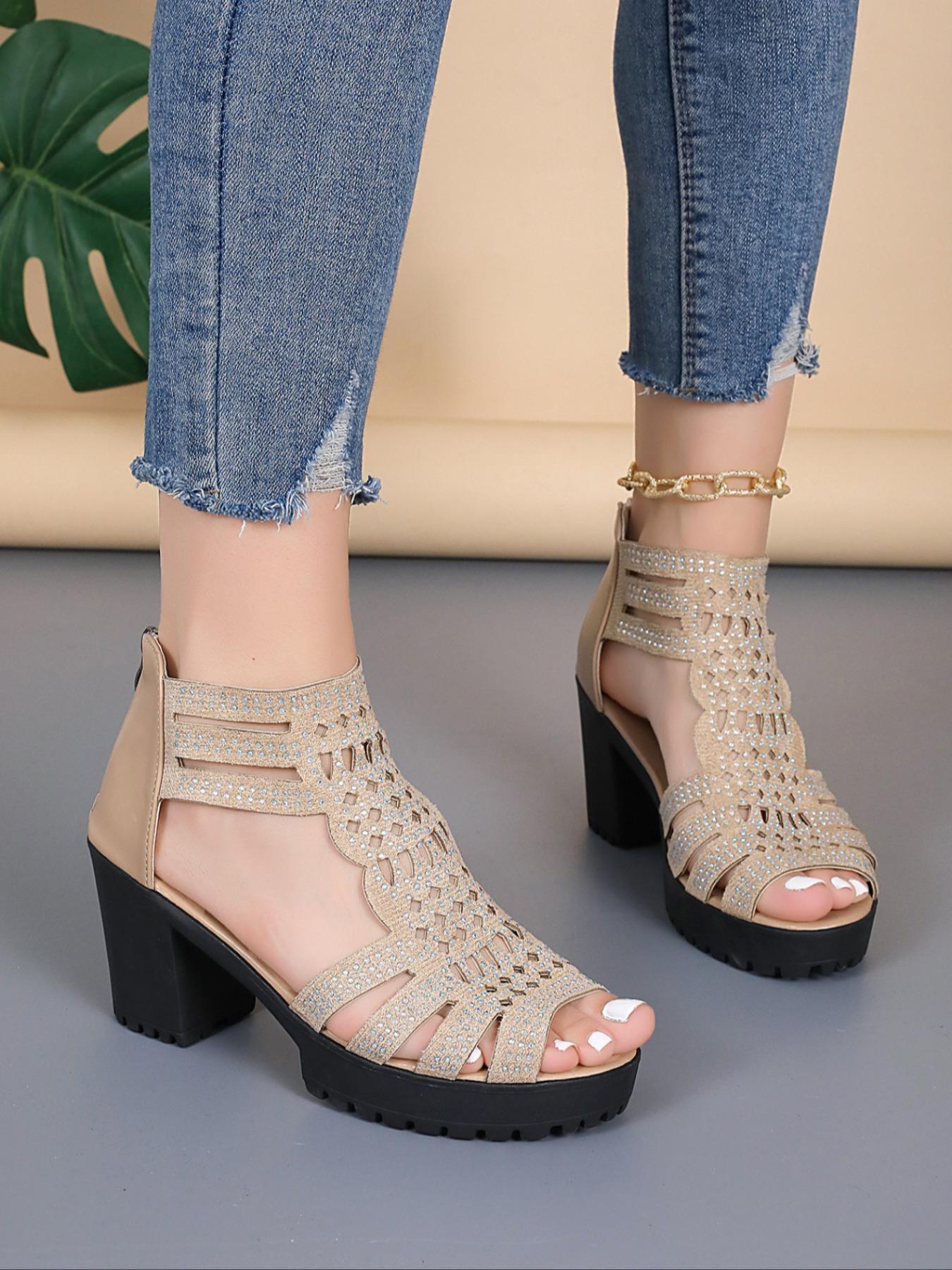 Women's Fashionable Hollow Out Design Chunky Heeled Sandals, High Heeled Sandals, Casual Comfortable Sandals for Daily Wear, Trendy All-match Shoes for Daily Wear, Girl
