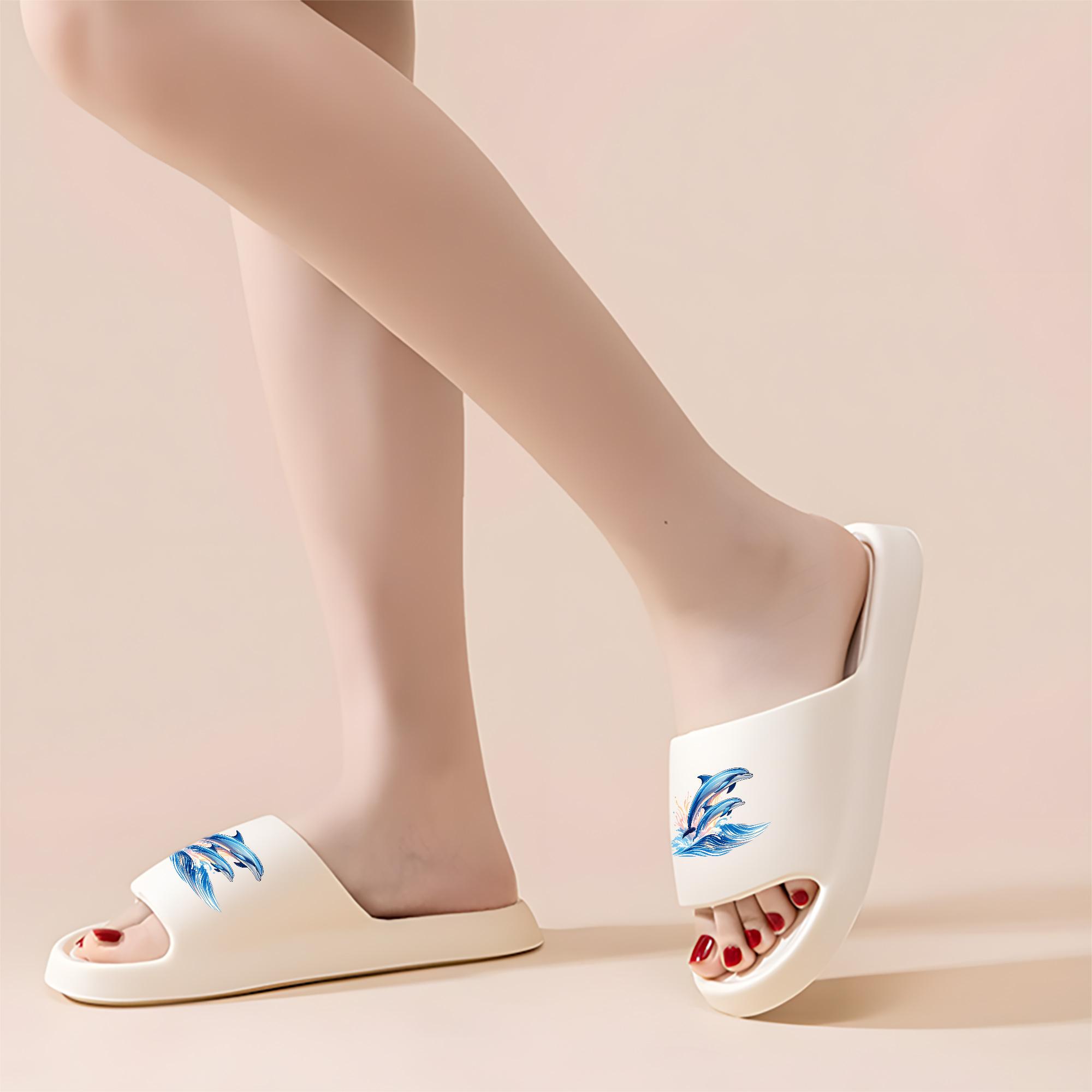 Dolphin Pattern Beach Slippers Women Men Summer Non-slip Soft Sole Quick-drying Lightweight Sandals Casual Outdoor Pool Shoes Flip Flops