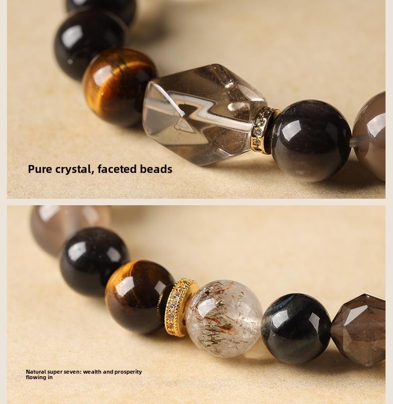 [Wealth Abundance] crystal bracelet, silver obsidian grey agate smoky quartz super seven tiger eye white crystal, unisex, daily wear gift, 10mm beads, natural stone lion ornament gold accents, wealth blessing abundance symbol