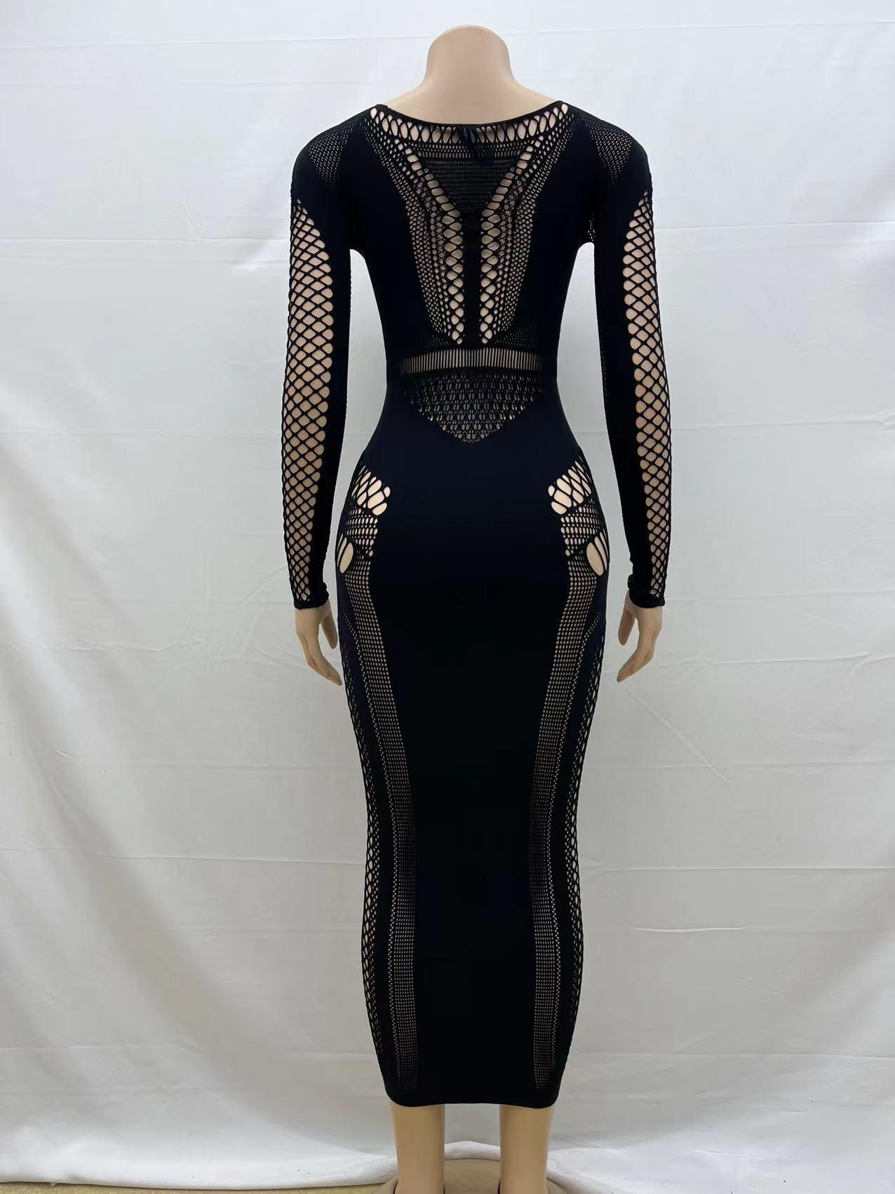 Hollow Out Women's Plain Boat Neck Bodycon Dress Street Fashion Long Sleeve Elegant Wear Black Crewneck Basic Midi Dress For Party Club Dating