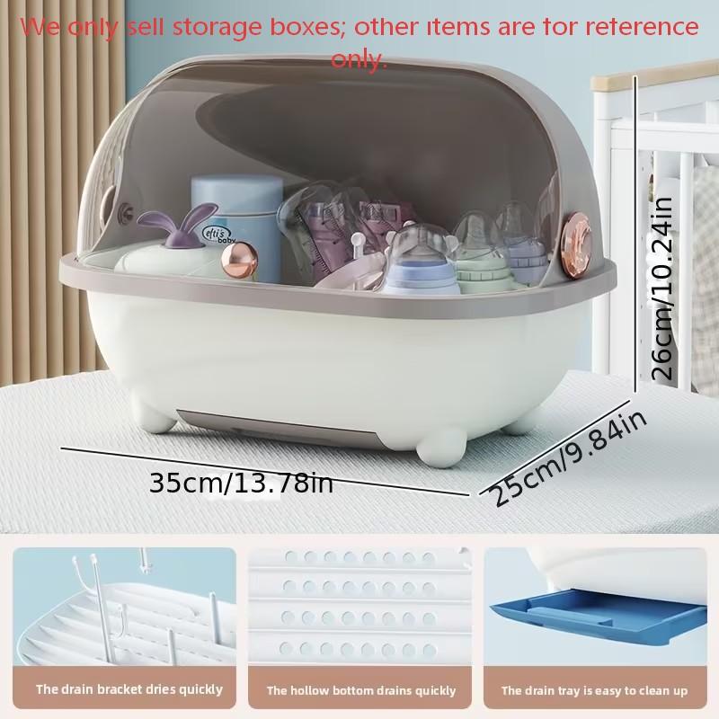 Baby Bottle Storage Box with Lid Drain Rack Countertop Organizer Removable Drying Tray Newborn Nursery