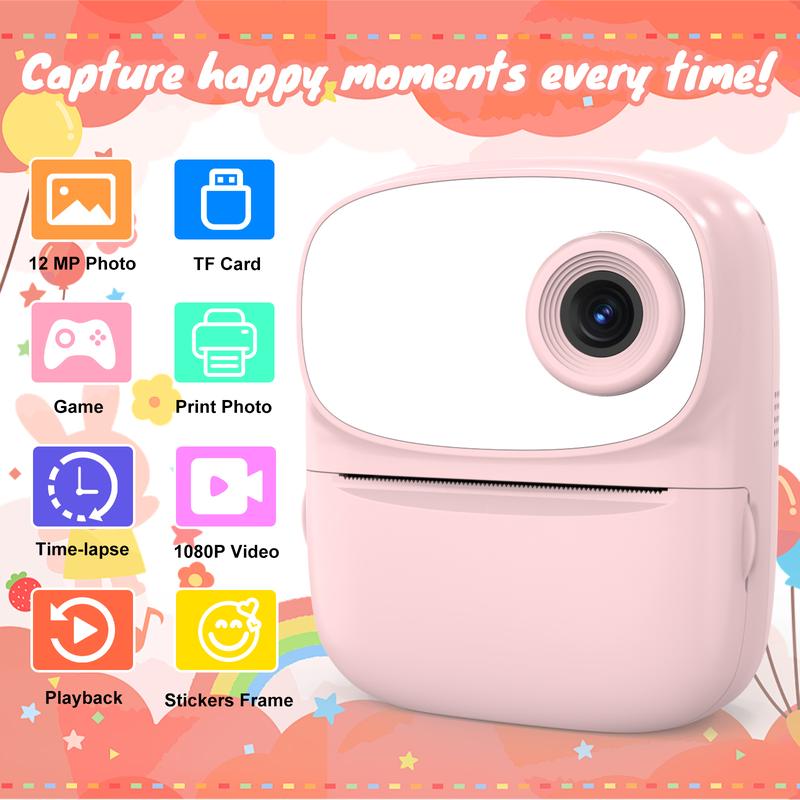 【TikTokShopStockUp】Kids Instant Print Camera (with 3 Rolls of Paper), 2.4" LCD Screen, Rechargeable 1080P Pocket Camera, 12MP Photos, Thermal Paper Printing (No Ink Needed), Birthday Gift for Boys & Girls, Portable Lens Camera, Mini Photography Kit