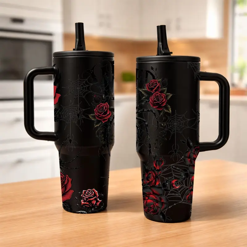 1‑Piece 40oz Insulated Mug, Double Wall Leak‑Proof Large Handle Thermal Cup, Keeps Hot 12 Hours and Cold 24 Hours, Dark Gothic Print Gift for Women and Men, Halloween Holiday, Office Travel Daily Use, Drinkware