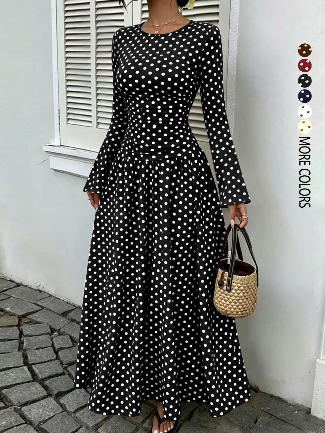 Women's Polka-Dot Fitted Long-Sleeve Maxi Dress with Flared Sleeves and Ruched Waist, Casual Dress for Daily Wear, Dates and Commuting, Brunch Dresses, Everyday