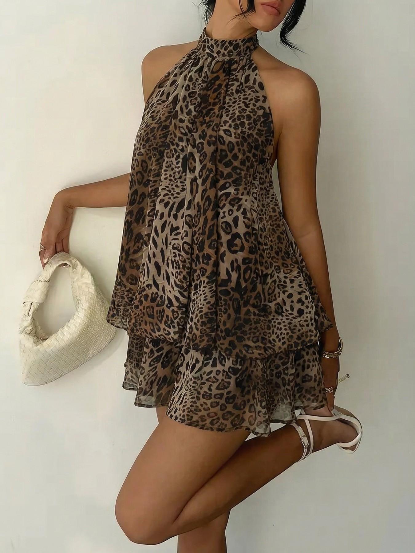 Women's Summer Fashion Party Halter Neck Tie Back Mini Dress, Slim-Fitting Casual Elegant Short Sleeveless Dress for Home Outdoor City Style