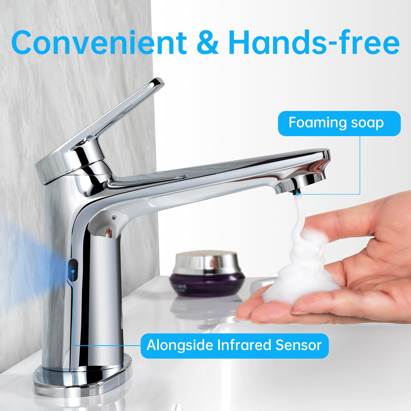 Bathroom Faucet with Soap Dispenser, Adjustable Hot & Cold Water Temperature, Short & Long Sensor Modes, Touchless Automatic Basin Sensor Faucet