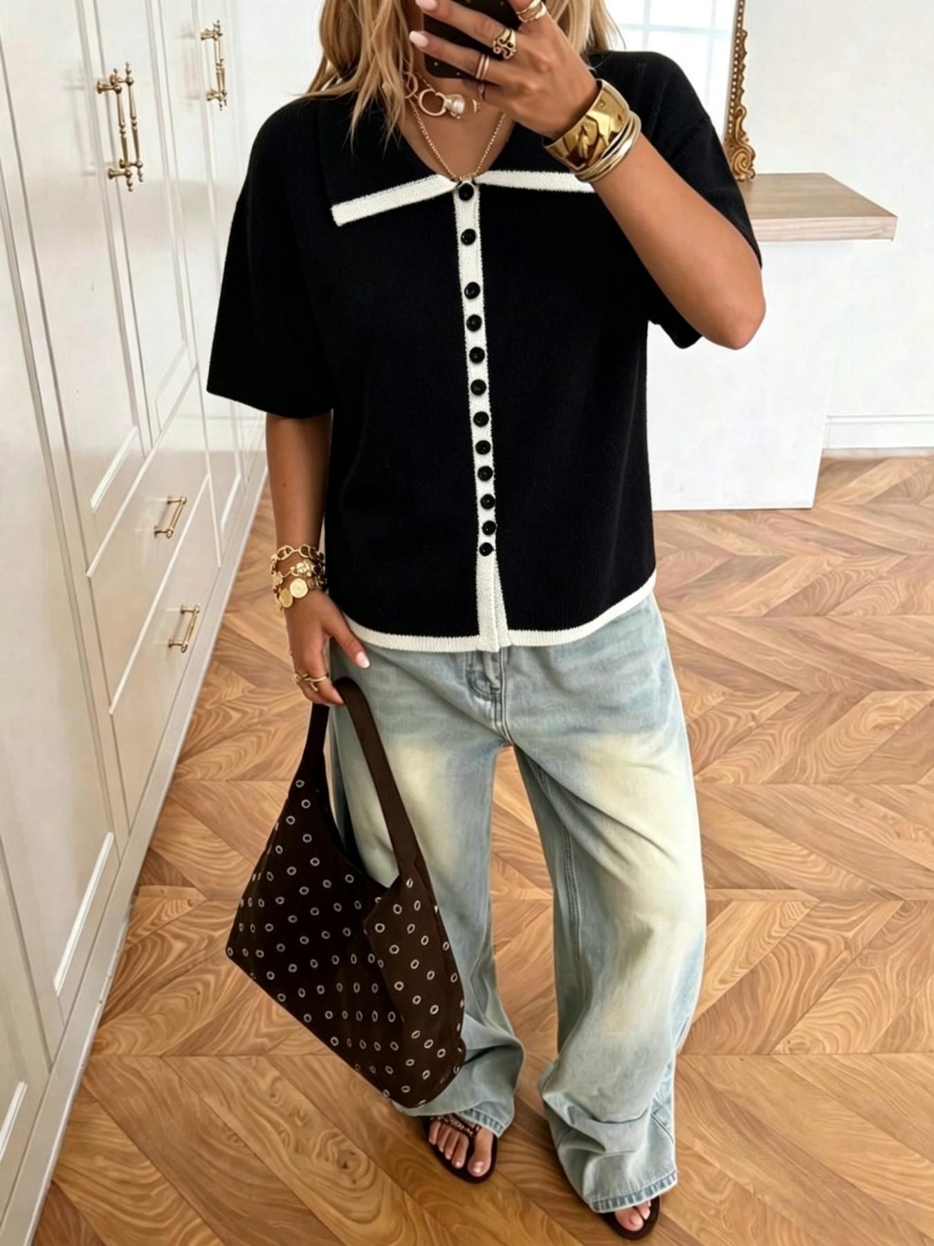 Elegant Polo Neck Button Front Pullover, Casual Colorblock Short Sleeve Top, Loose Fit Fall Fashion Women's Sweater
