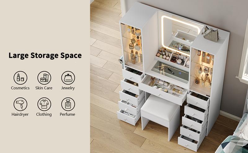 FUSOU 11 Drawers Makeup Vanity with Charging Station, Vanity Desk with LED Mirror & 2 Glass Cabinet, 3 Color Modes, Brightness Adjustable, Glass Top, Dressing Table with Chair for Bedroom (11 Drawers)