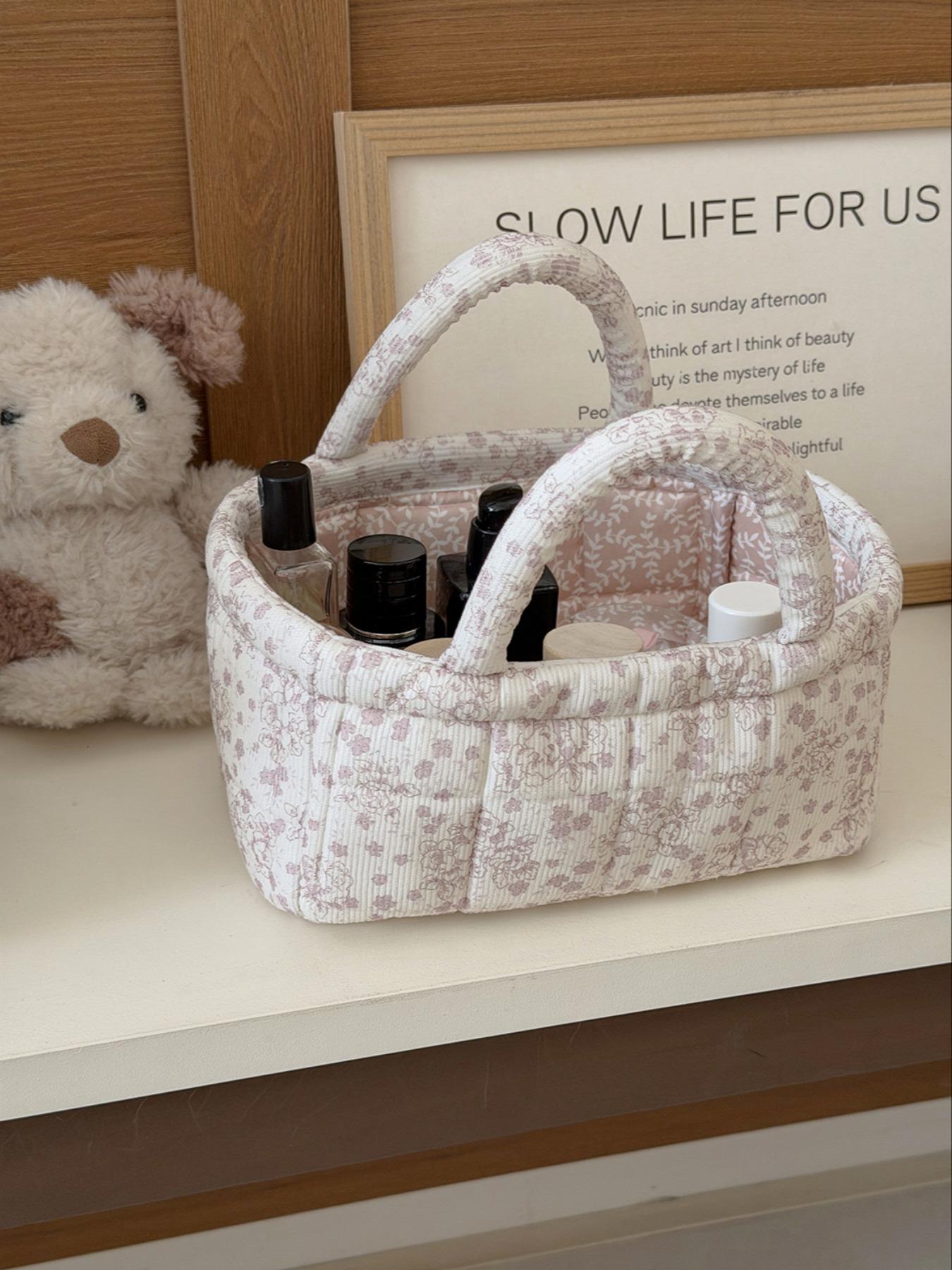 Floral Quilted Fabric Storage Basket,  Style Handheld Organizer Bin for Cosmetics & Sundries,ONLY SELL 1PC