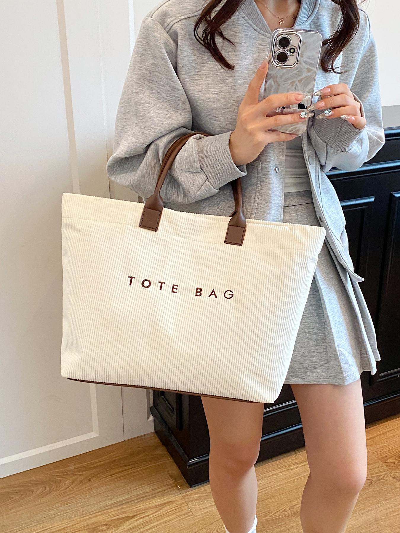Casual Fashion Large Capacity Corduroy Letter Design Handbag, Perfect for Work & Daily Use, Stylish and Spacious Shoulder Bag, Handbag Tote Bag