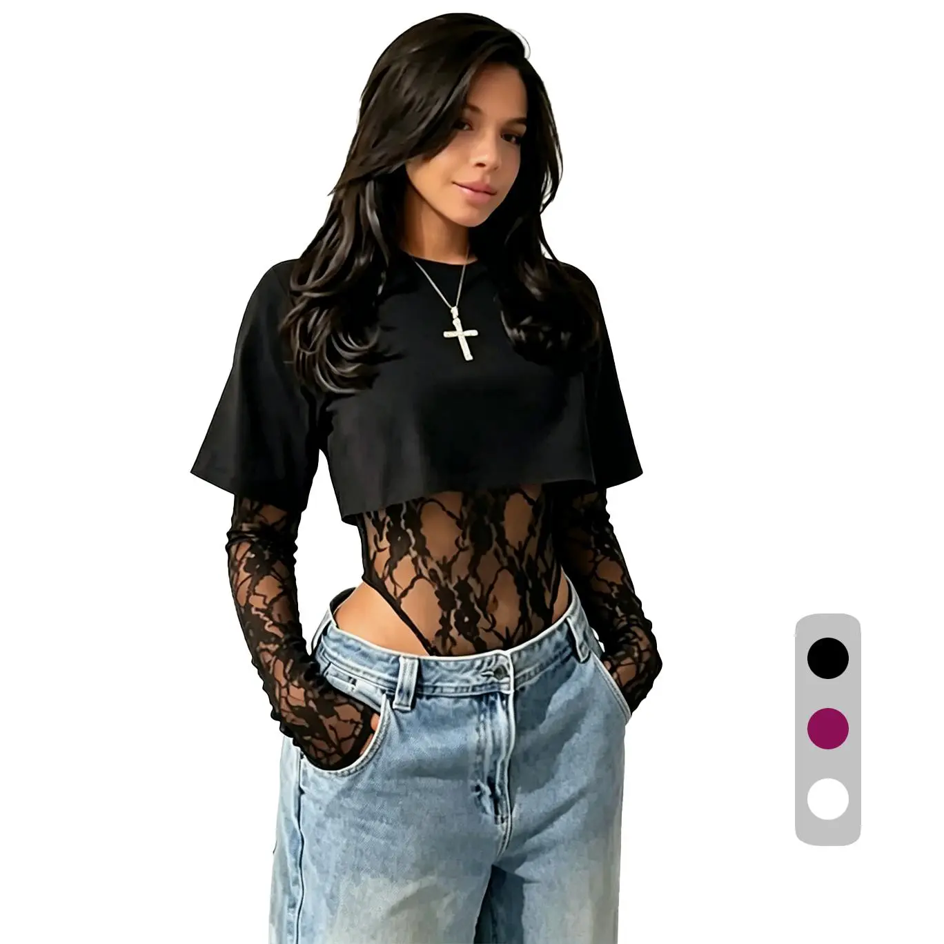 Women's Lace Jacquard Longsleeve Snap Bodysuit Set - Streetwear High Street Style, Casual Polyester Short Crop Tops, Skinny Detail Bodysuit for Women Crewneck Basic