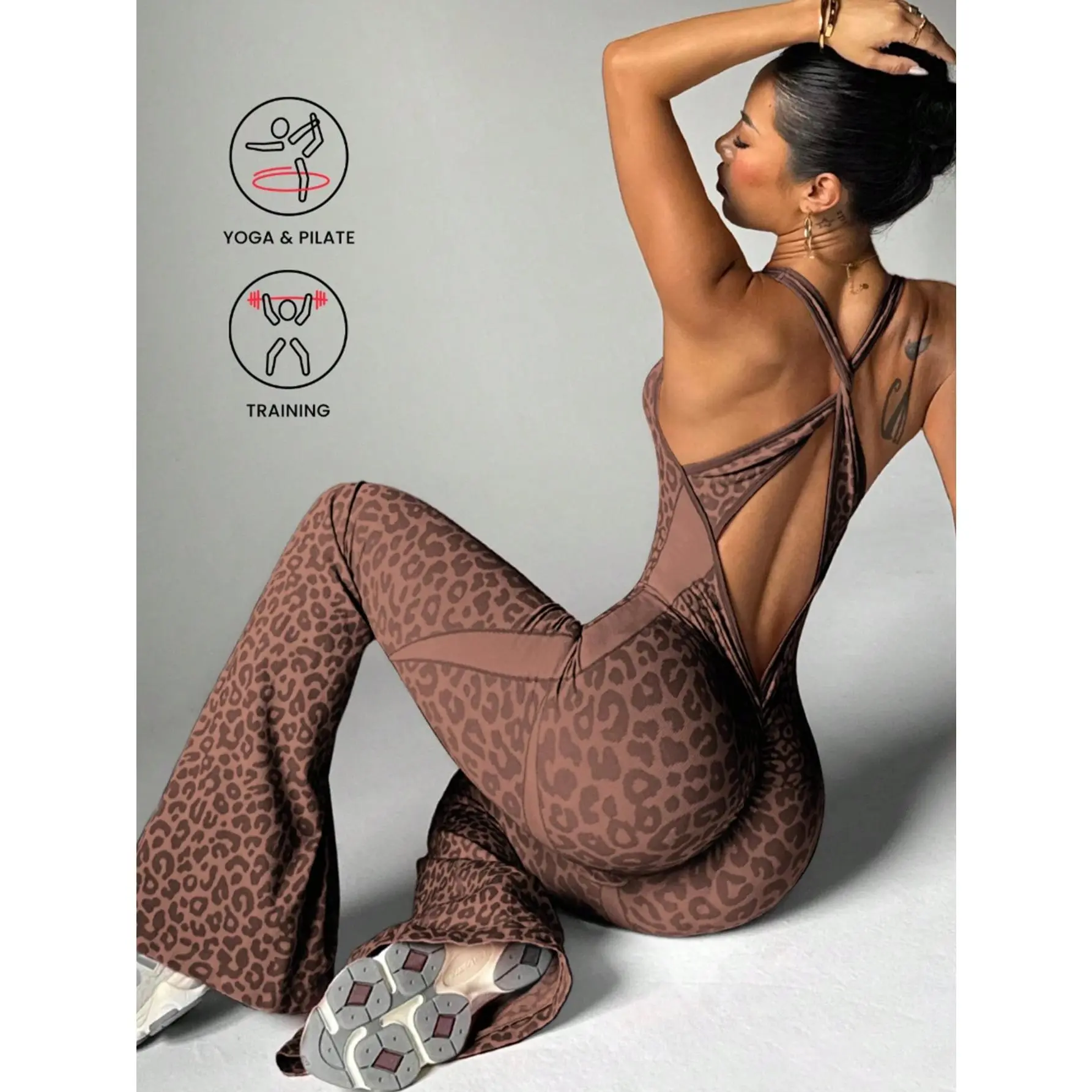 Women's Seamless Sleeveless Flare-Leg Jumpsuit, Tummy Control and Butt-Lifting Design, Criss Cross Backless Jumpsuit, Ideal for Yoga, Workouts & Fitness