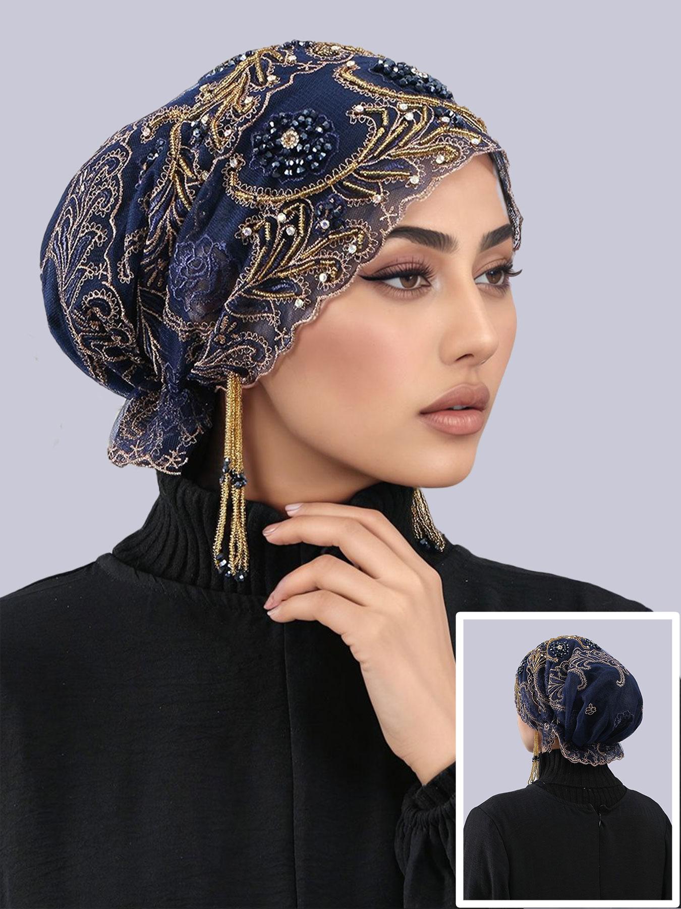 Women's Geometric Print Lace Beaded Headscarf Hat, Bohemian Satin Lined Hair Accessory, Adjustable Ankara Chemotherapy Cap Premium Jersey Hijab, Turban Hijab