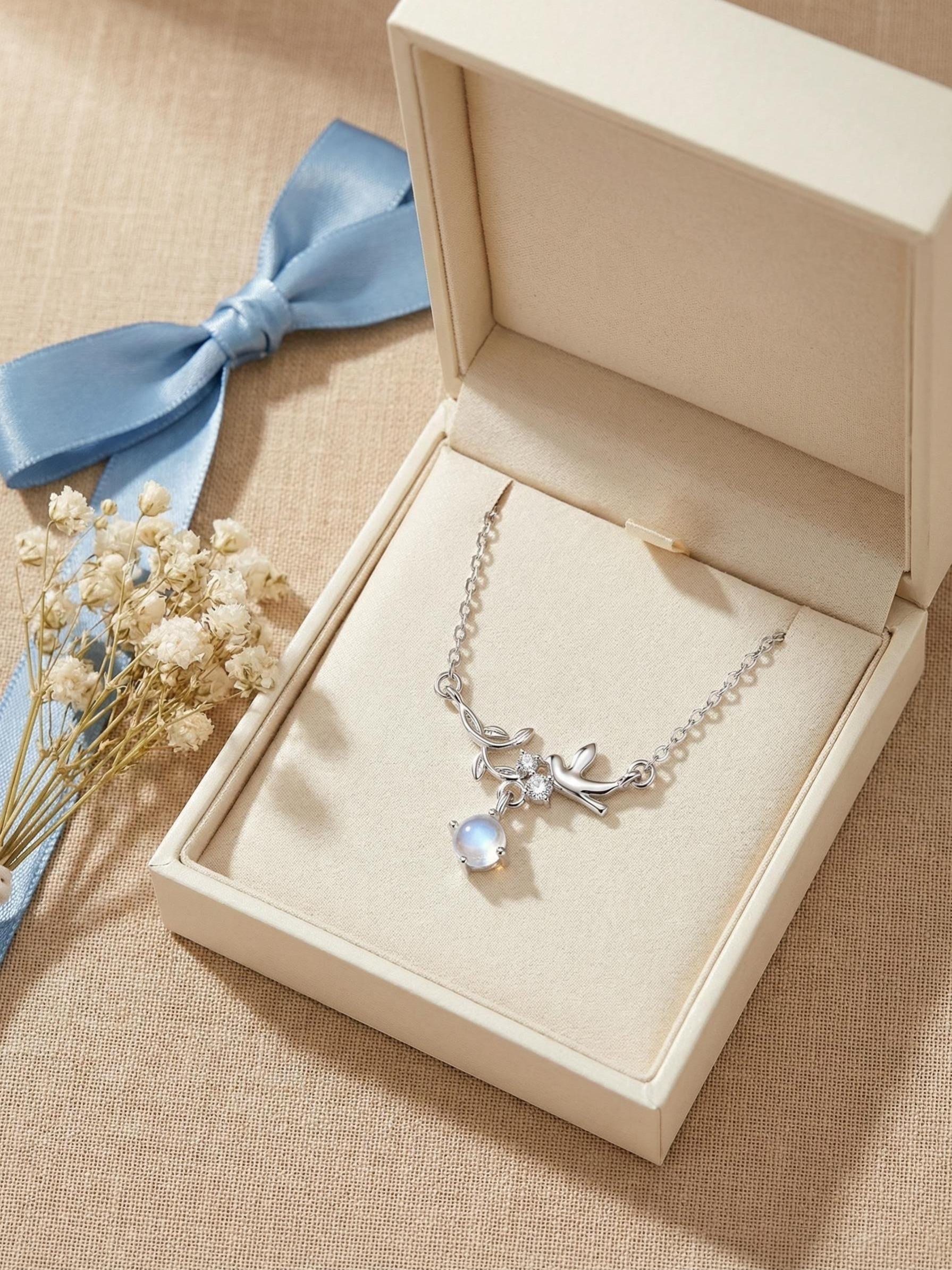 Eucalyptus Bird Necklace for Women, Elegant Moonstone Collar Chain, Fashionable Versatile Zircon Pendant, Creative Jewelry Gift