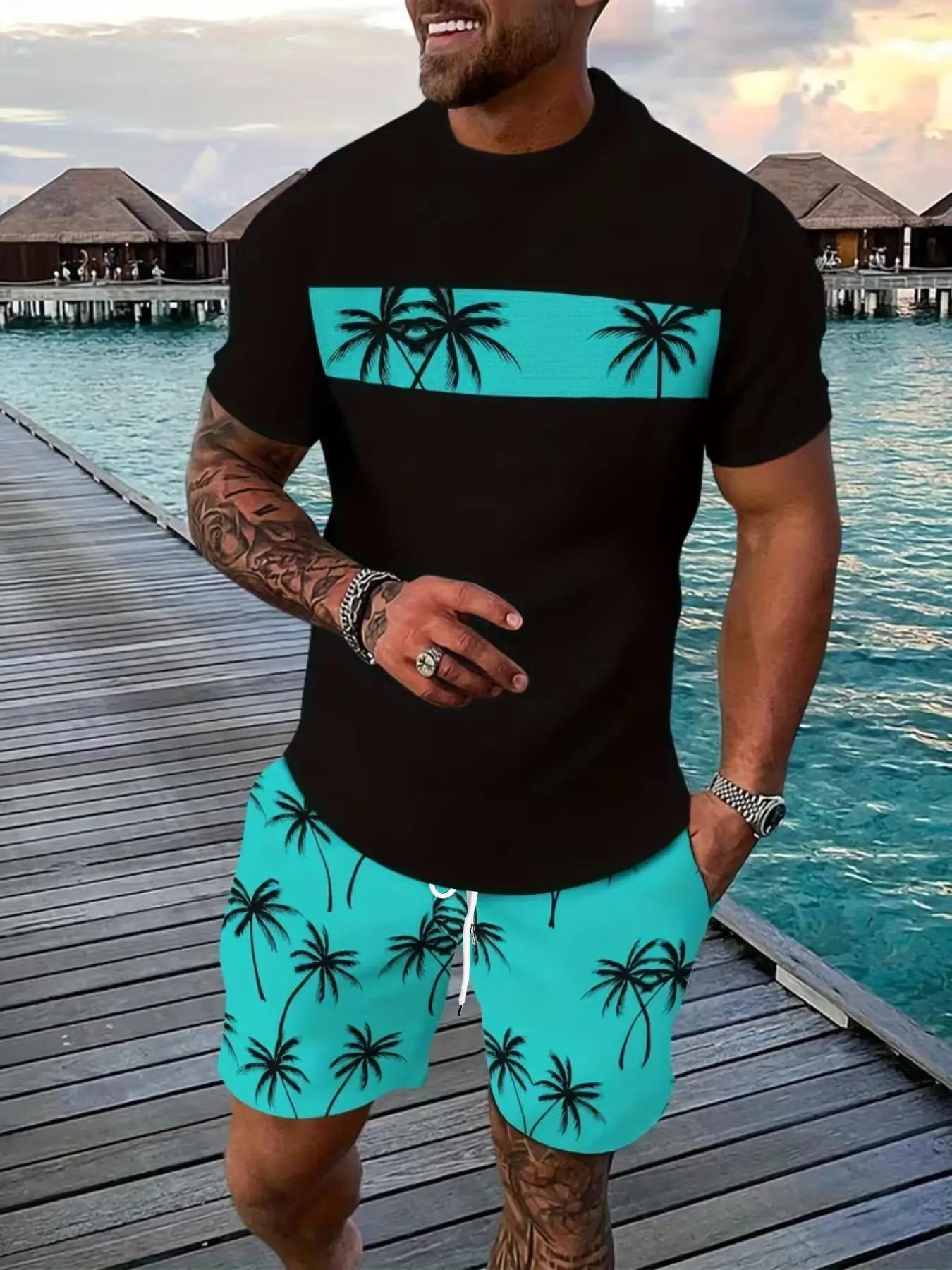 Men's Summer Vacation Tropical Coconut Tree Print Round Neck Pullover T-Shirt + Drawstring Shorts Set, Casual Loose Fit Two-Piece Men's Summer Vacation Tropical Coconut Tree Print Round Neck Pullover T-Shirt + Drawstring Shorts Set, Casual Loose Fit Two-Piece