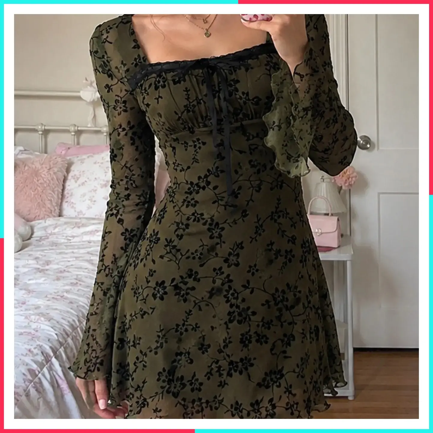 Floral Print Lace Patchwork Mesh Two-Layer Dress, Y2K Square Neck Long Sleeve Vintage Grunge, Fall Winter Vacation Dress for Women, Boho Style Dress