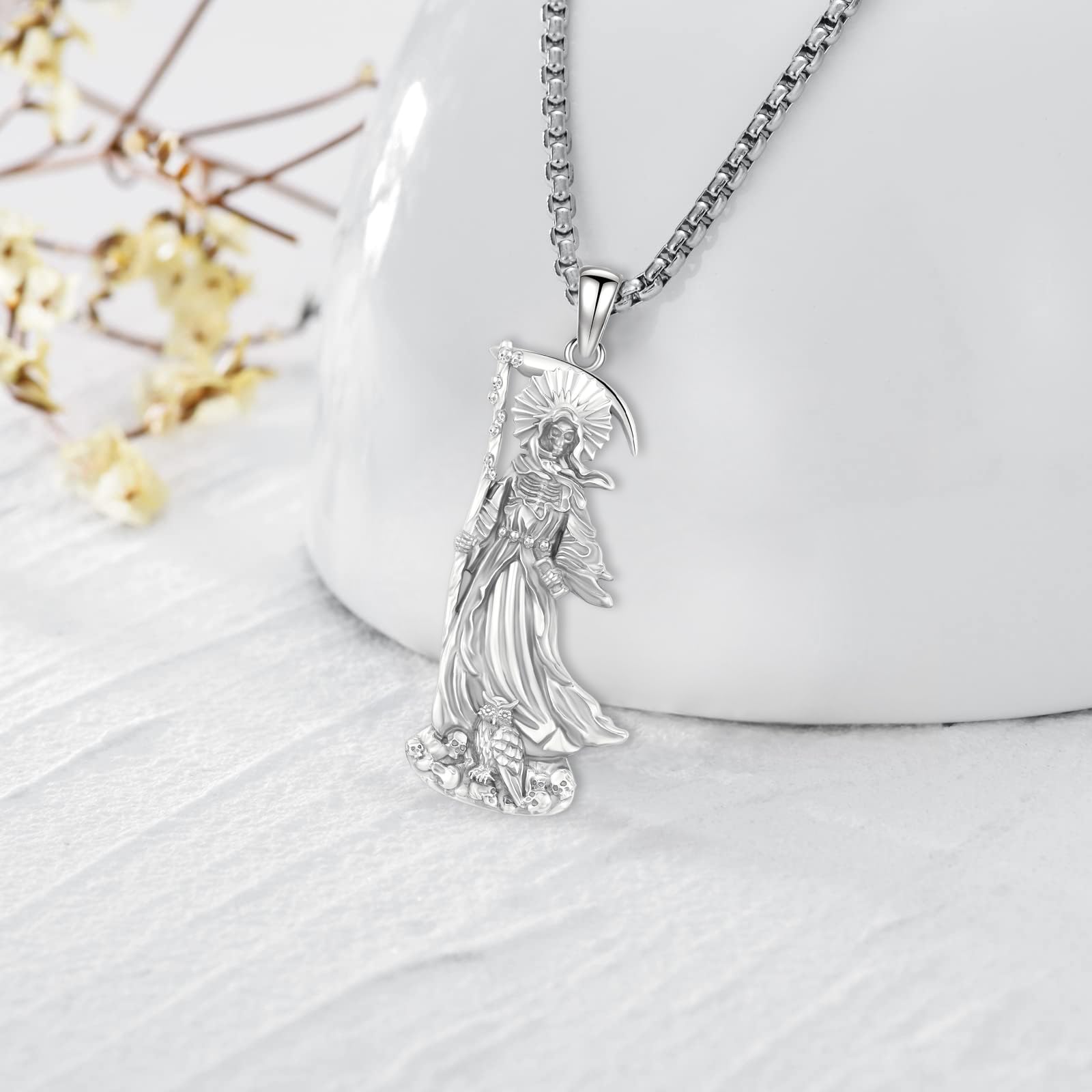Thanches Santa Muerte Necklace S925 Sterling SIlver Death Holy Amulet Jewelry Gift  Magic Wiccan Pagan Protection for Women Men