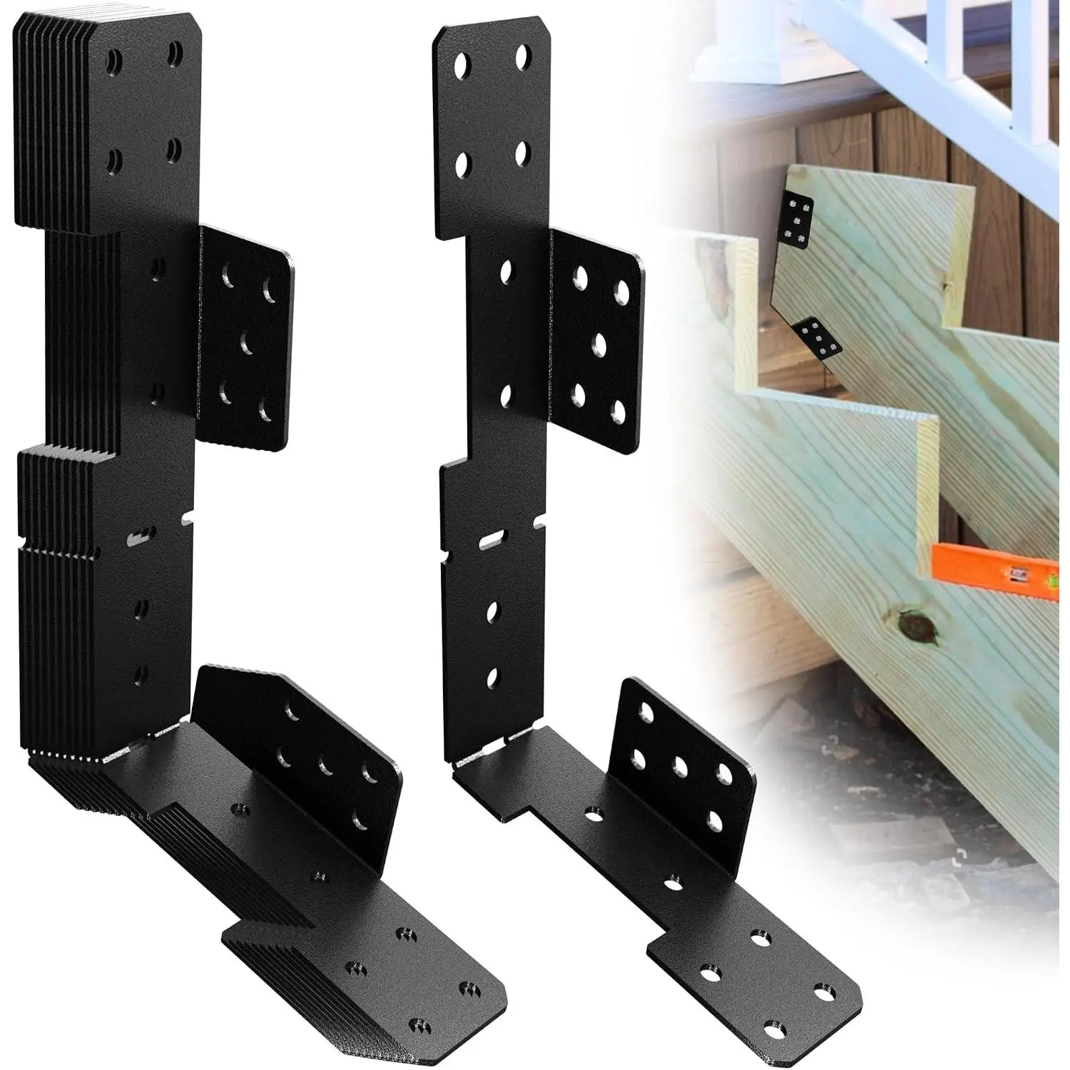 10 Pcs Black Stair Stringer Hanger Bracket, Heavy Duty 18 Gauge Adjustable Deck Stair Brackets, Stair Stringer Connector for 2x10 2x12, Tie Straps Bracket