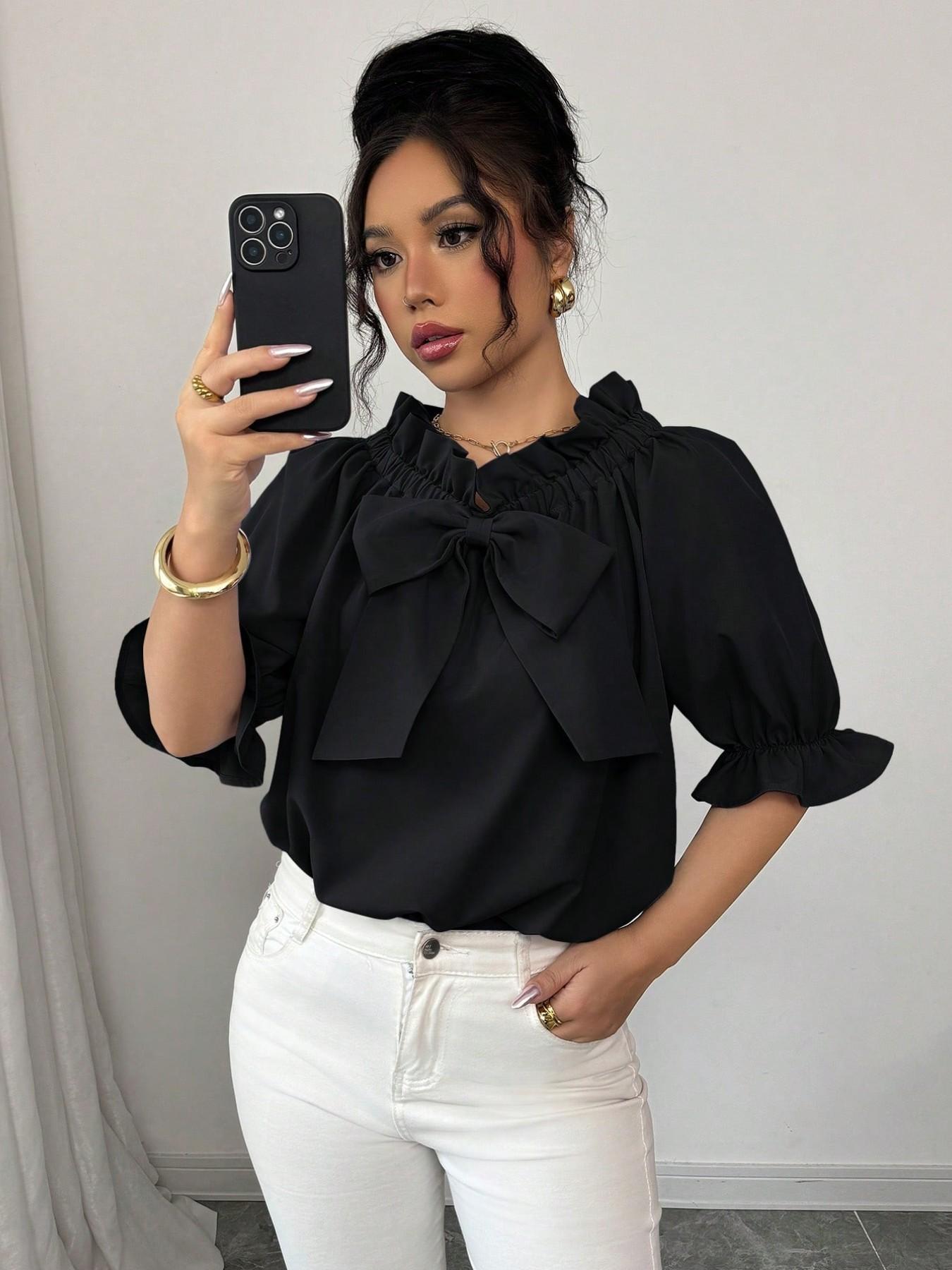 Women's Casual Chic Everyday Fashion Top with Bowknot Decoration, Versatile Fitted One-Shoulder Blouse for Valentine's Day, Dates, Commuting, Vacation