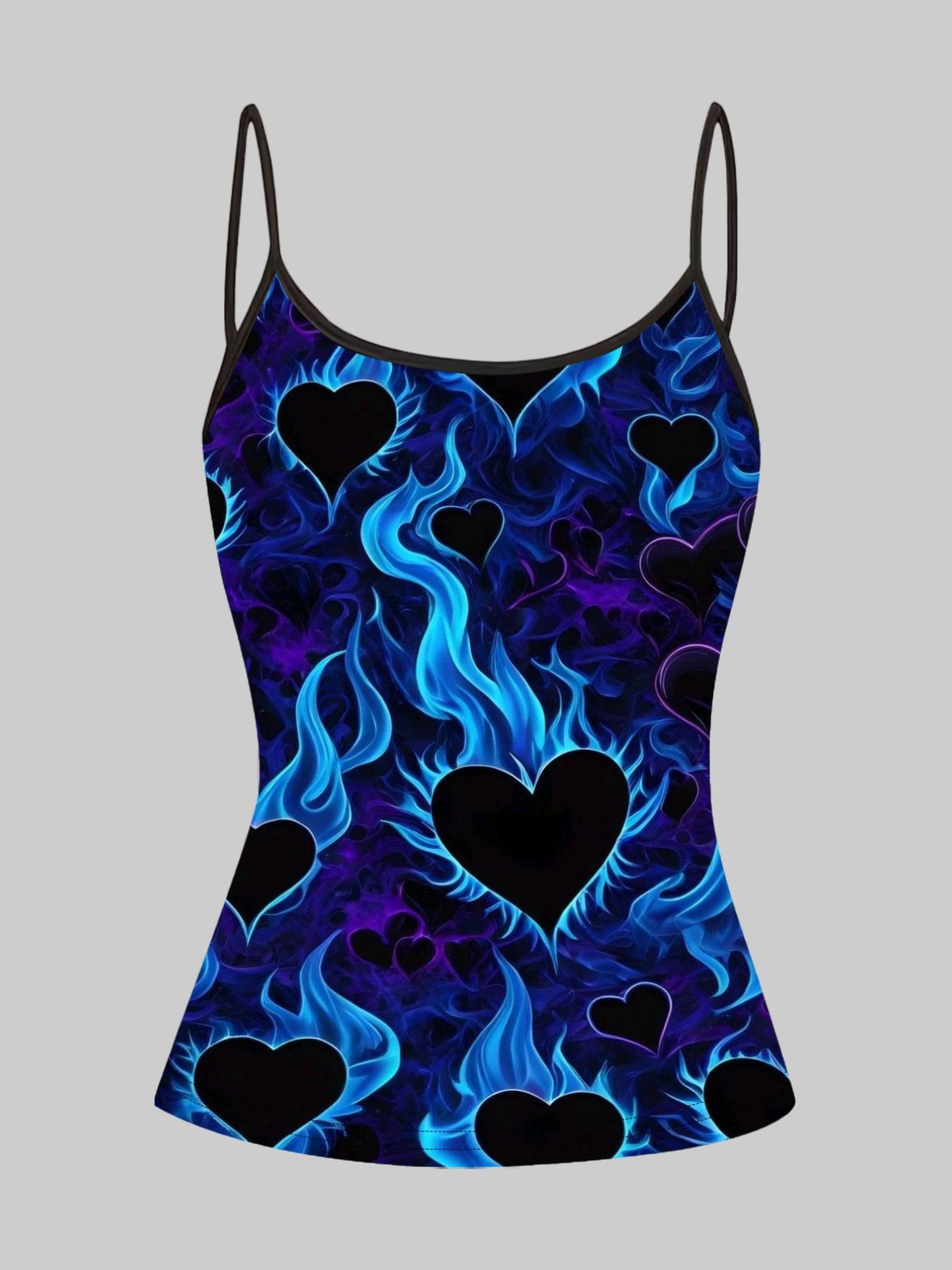 Neon Flame Heart Print Strappy Top, Summer Home Sleepwear Outerwear, Unique Slim-Fit Shirt Set of Four, Casual Style
