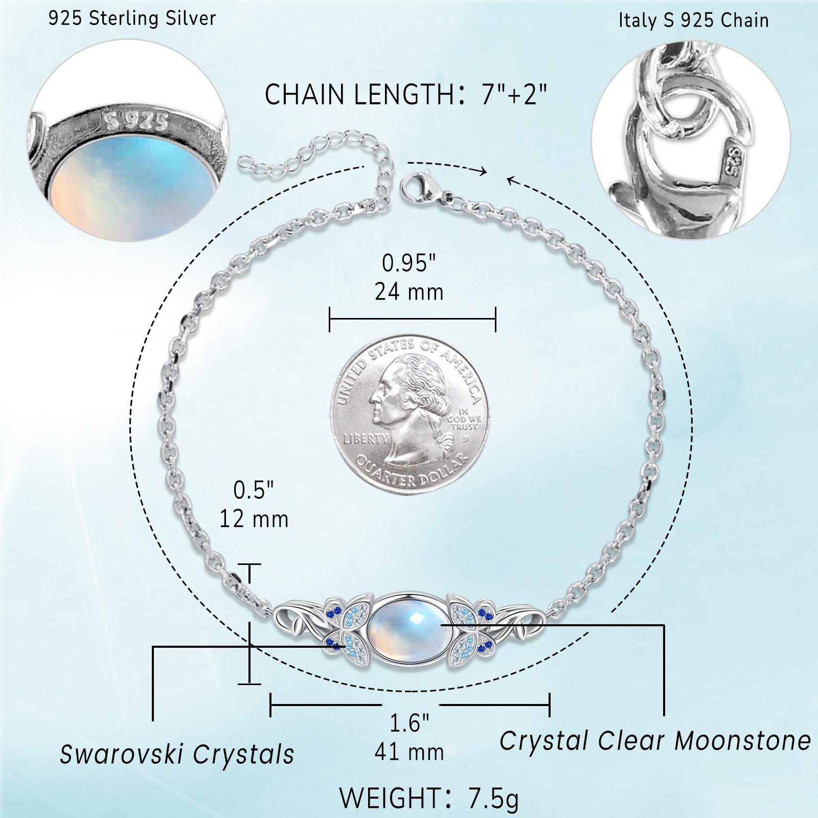 DRINSPER 925 Sterling Silver Bracelet with Moonstone & Butterfly Design CZ Decor, 2024 Summer Fashion Charming Butterfly Design Artificial Gemstone with Beautiful Moonstone Bracelet, Elegant Silver Bracelet for Women Girls