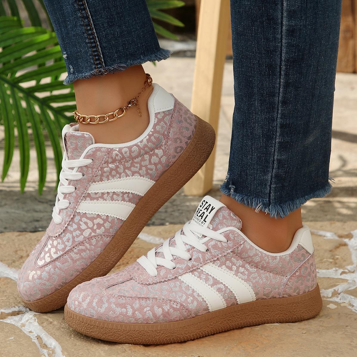 Vintage Leopard Print Sneakers, Pink/Blue, Comfortable Shoes for Commute & Shopping