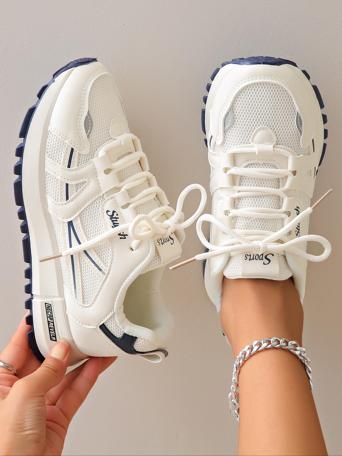 Women's Fashionable Letter & Striped Pattern Lace Up Low Top Sneakers, Casual Comfortable Breathable Sports Running Shoes, All-match Basic Shoes for Daily Wear, Sporty Running Fashion1123