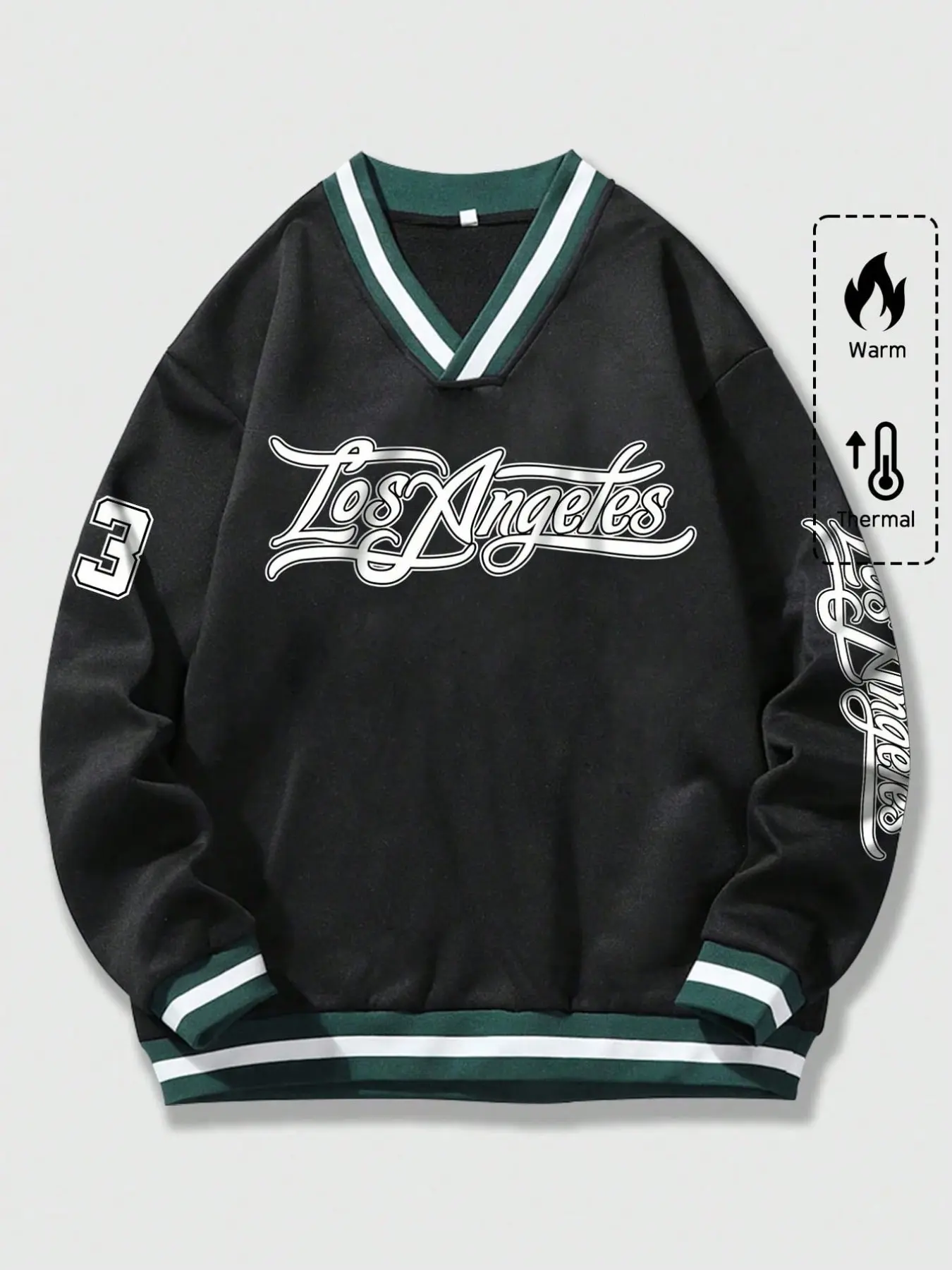 Men's Fleece Lined V-Neck Sweatshirt, Los Angeles Script Letter Print, Striped Ribbed Neckline, Loose Drop Shoulder, Vintage College Style