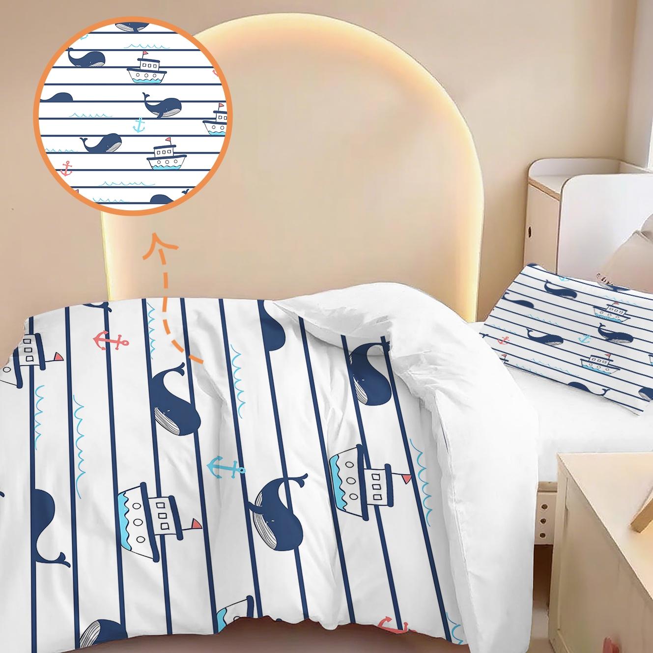 2-Piece Striped Whale Bedding Set, Racing Car Down Comforter Set, Blue and White, Bedroom Decor, Guest Room, 2D Cartoon Ocean Style, Flat Print (Includes 1 comforter cover + 1 pillowcase, no insert)