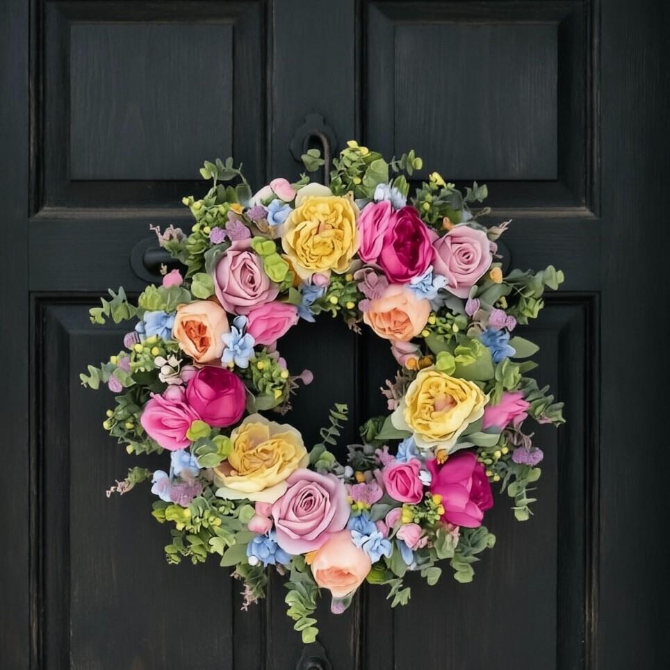 Spring Summer Artificial Flower Wreath, Mixed Rose Peony Dual Door Wreath, Handmade All-Season Wreath, Home Wedding Party Decor
