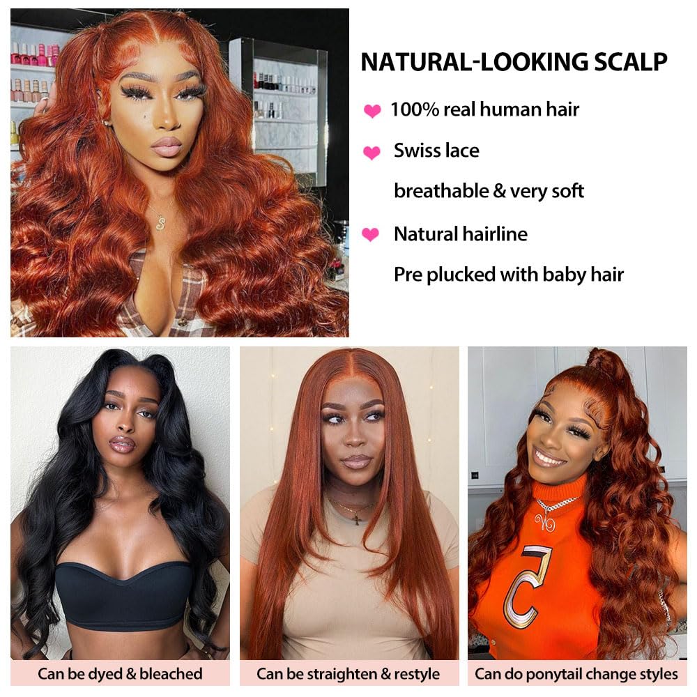 13x6 Lace Front Wigs Human Hair Pre Plucked 13x6 Reddish Brown HD Transparent Body Wave Lace Front Wigs Human Hair For Women Ginger #33 Colored Brazilian Virgin Hair Glueless Wigs