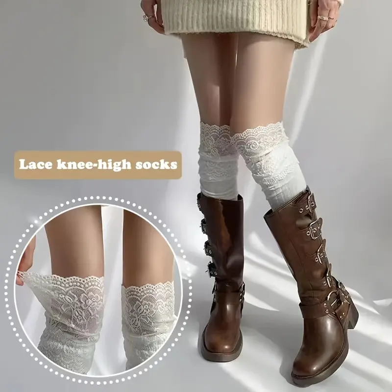Y2K Style Women Lace Boot Socks, Cotton Double Needle Mid‑Calf Long Socks, Fashion Crew Socks for Spring Summer Fall, Perfect for Boots Matching