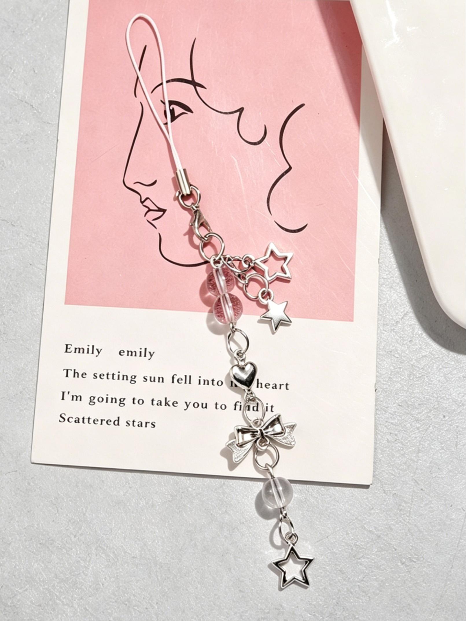 Sweet Bow Phone Chain, Heart Star Metal Keychain, Bag Pendant, Crystal Fringe Charm, Simple Multi-Functional Accessory