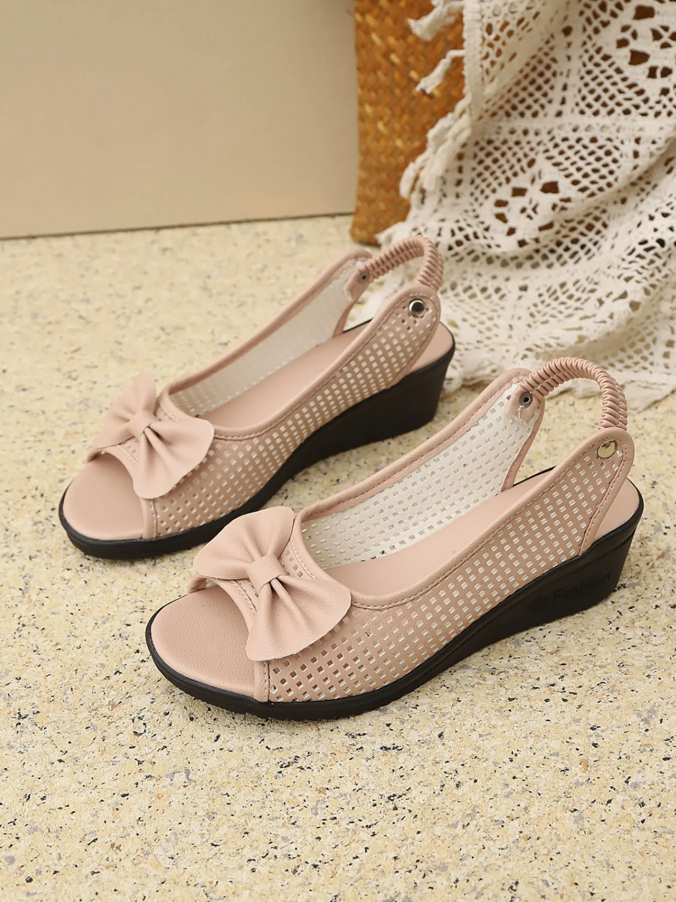 Women's Breathable Perforated Mesh Wedge Sandals Peep Toe Bow Decor Elastic Slingback Slip On Soft Cushioned Insole Daily Walking Summer Footwear Nude Pink