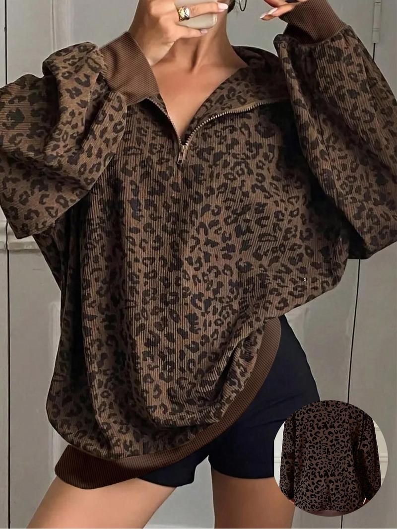 Plus Women Leopard Print Long Sleeve Casual Sweatshirt – Half-Zip V-Neck & Puff Sleeves Design, Perfect for Y2K Grunge or Casual Lazy Vibes, Soft Knit Fabric with Contrast Trim