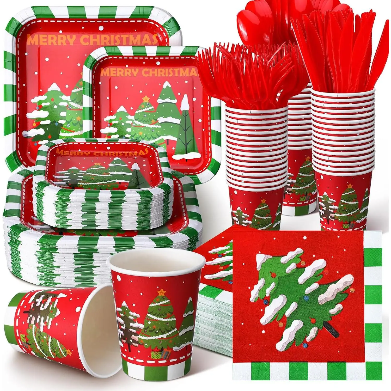 350-Piece Red Christmas Disposable Dinnerware Set - 9in,7in Paper Plates,Napkins,Cups,Knives,Forks,Spoons - Durable Party Holiday Supplies for 50 Guests