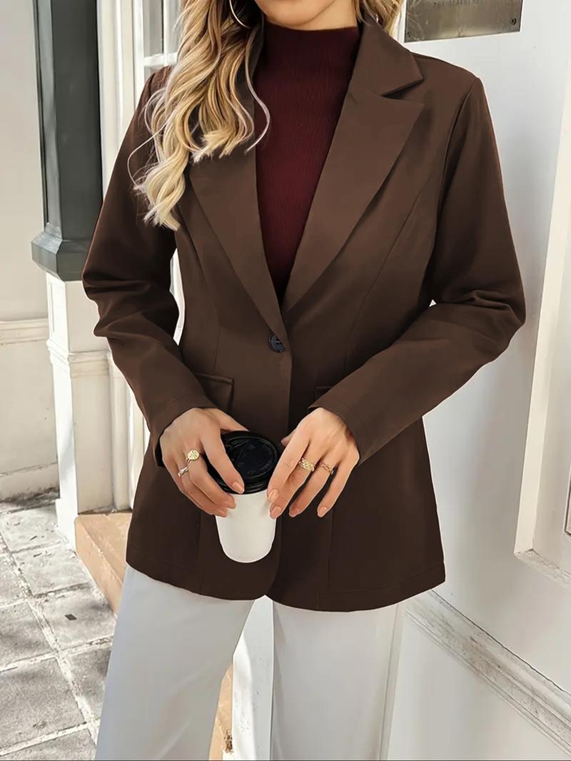 Women's Winter Solid Color Blazer Jacket, Stylish Pockets & Lapel Design, Loose Fit for Office & Daily Wear, Essential Winter Clothing
