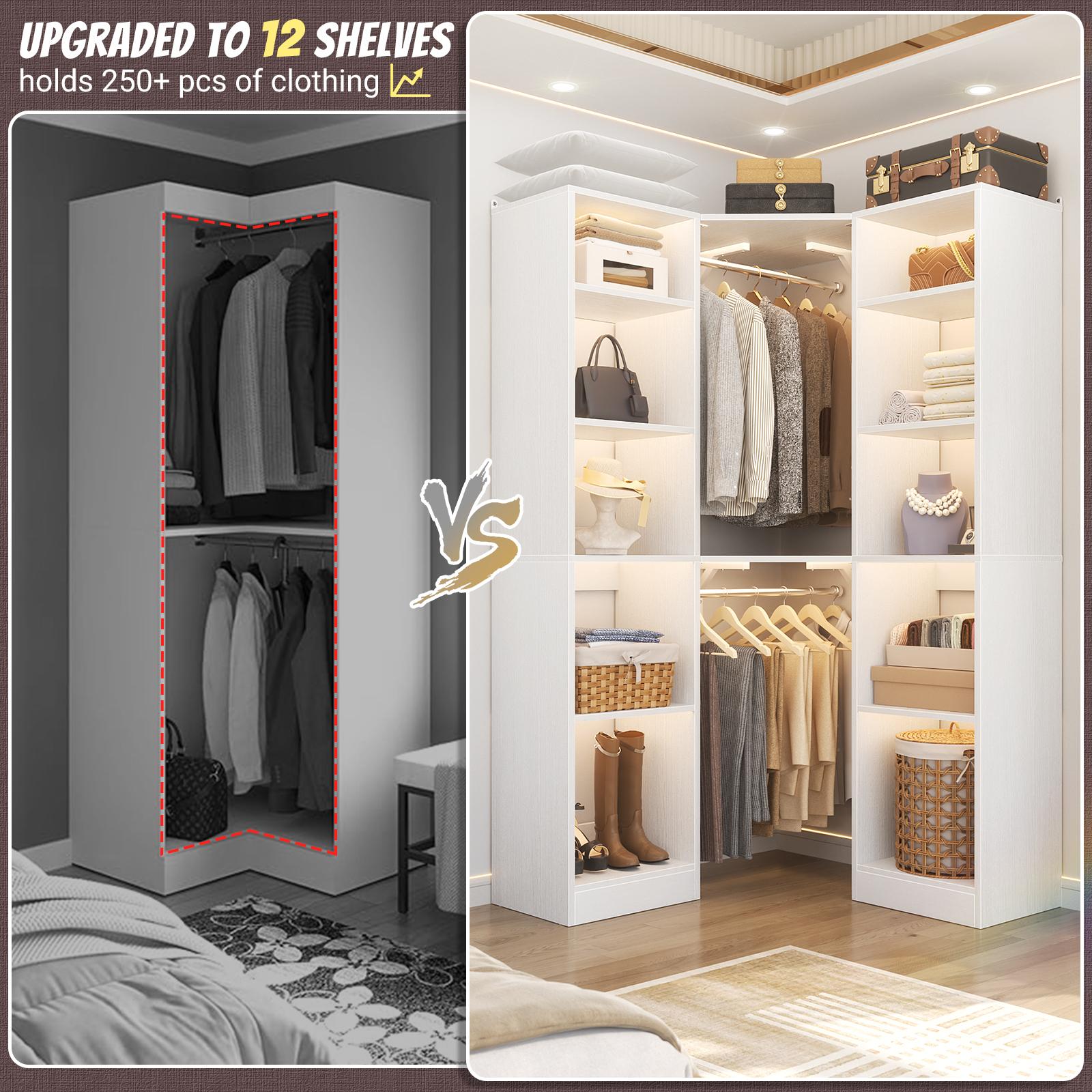 Corner Closet System with 12 Shelves, 40" Large Corner Closet Organizer System with 2 Hanging Rods, Versatile 6-Tier Walk-in Closets for Corner Space, White